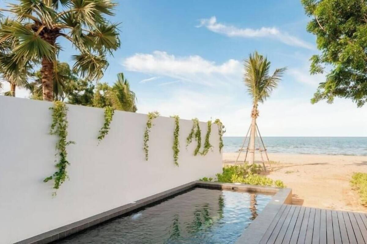A pool area with a wooden deck, a white wall with green vines, palm trees, and a beach view.