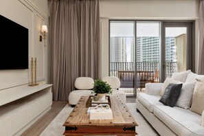 Deluxe Apartment, Canal View | Living area - Maison Privee - Creekside Elegance w/ Canal Vws at Creek Beach (Dubai)