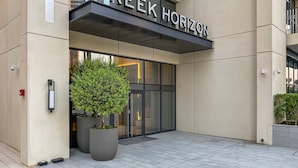 A modern building entrance with the sign "Horizon" above the doors, large potted plants, and a clean tiled pavement.