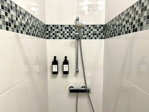 Douche, séchoir à cheveux, serviettes fournies, savon