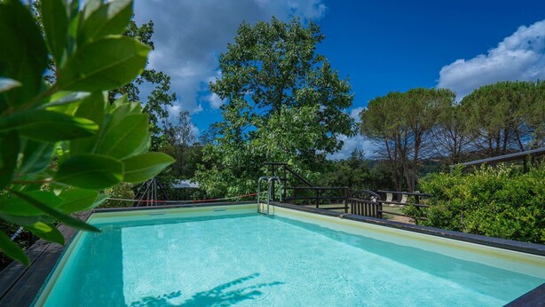 Une piscine rectangulaire entourée d’une terrasse en bois, située dans un espace extérieur luxuriant et verdoyant, agrémenté d’arbres et d’arbustes.