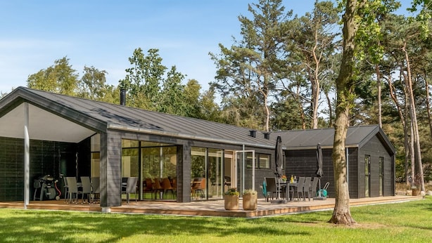 A modern house with a covered patio, large windows, and a stone fireplace. - "Zoya" -  from the sea by Interhome (Hals)