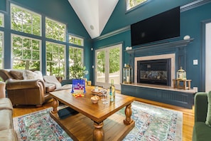 Smart TV, fireplace, books, offices