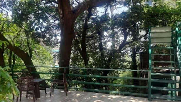 A covered outdoor area with a wooden table and chairs, surrounded by trees and a green metal railing. - Kaushik Cottage (Mussoorie)