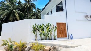A modern white building with a wooden door, surrounded by tropical plants and palm trees.