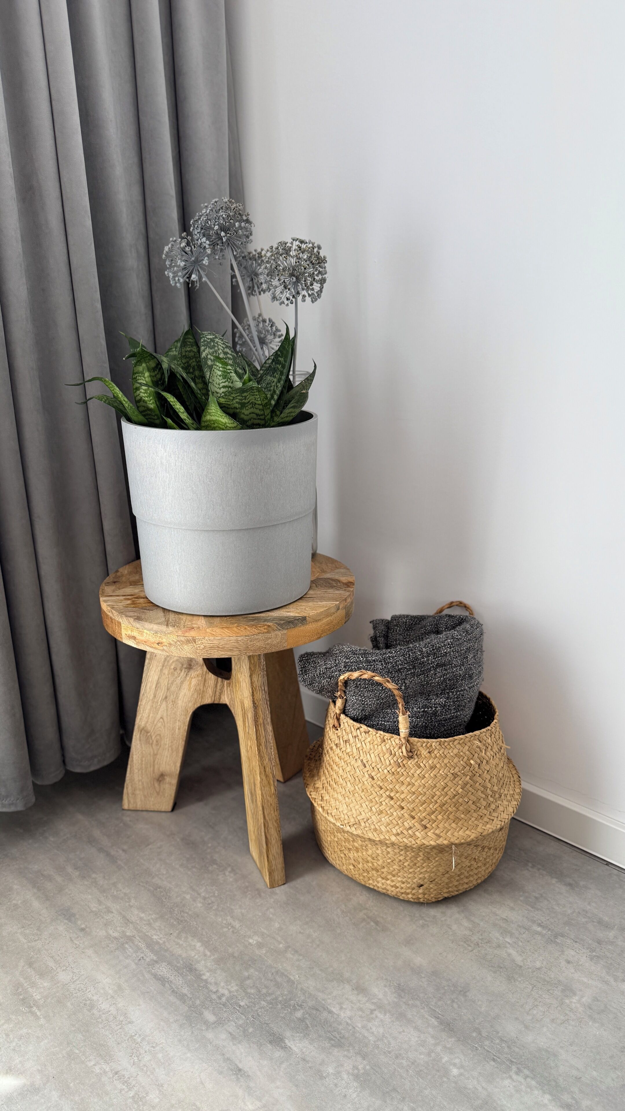 A grey potted plant with variegated leaves on a wooden stool next to a woven basket.