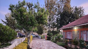 A paved pathway leading to a building with a red roof, surrounded by various plants and trees. - Royal Gardens Getaway (Ol Kalou)