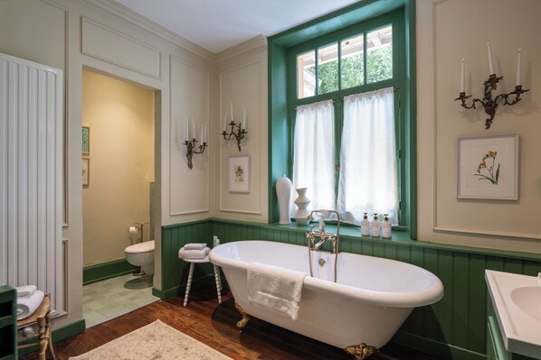 Hair dryer, towels, soap, toilet paper