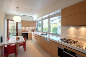 Villa, vista al mar | Cocina privada | Refrigerador con congelador, microondas, horno y parrilla de estufa