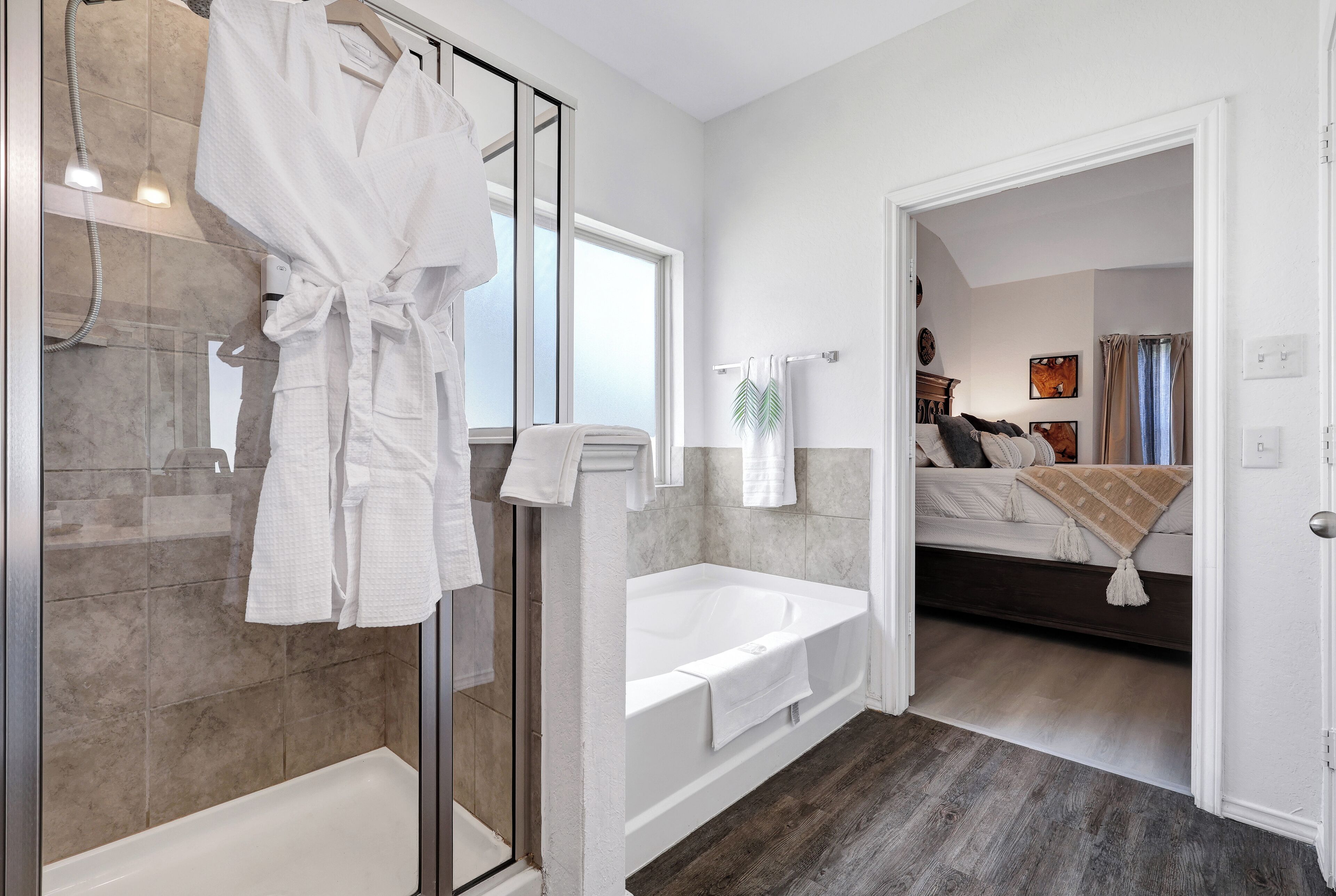 Hair dryer, towels, soap, shampoo