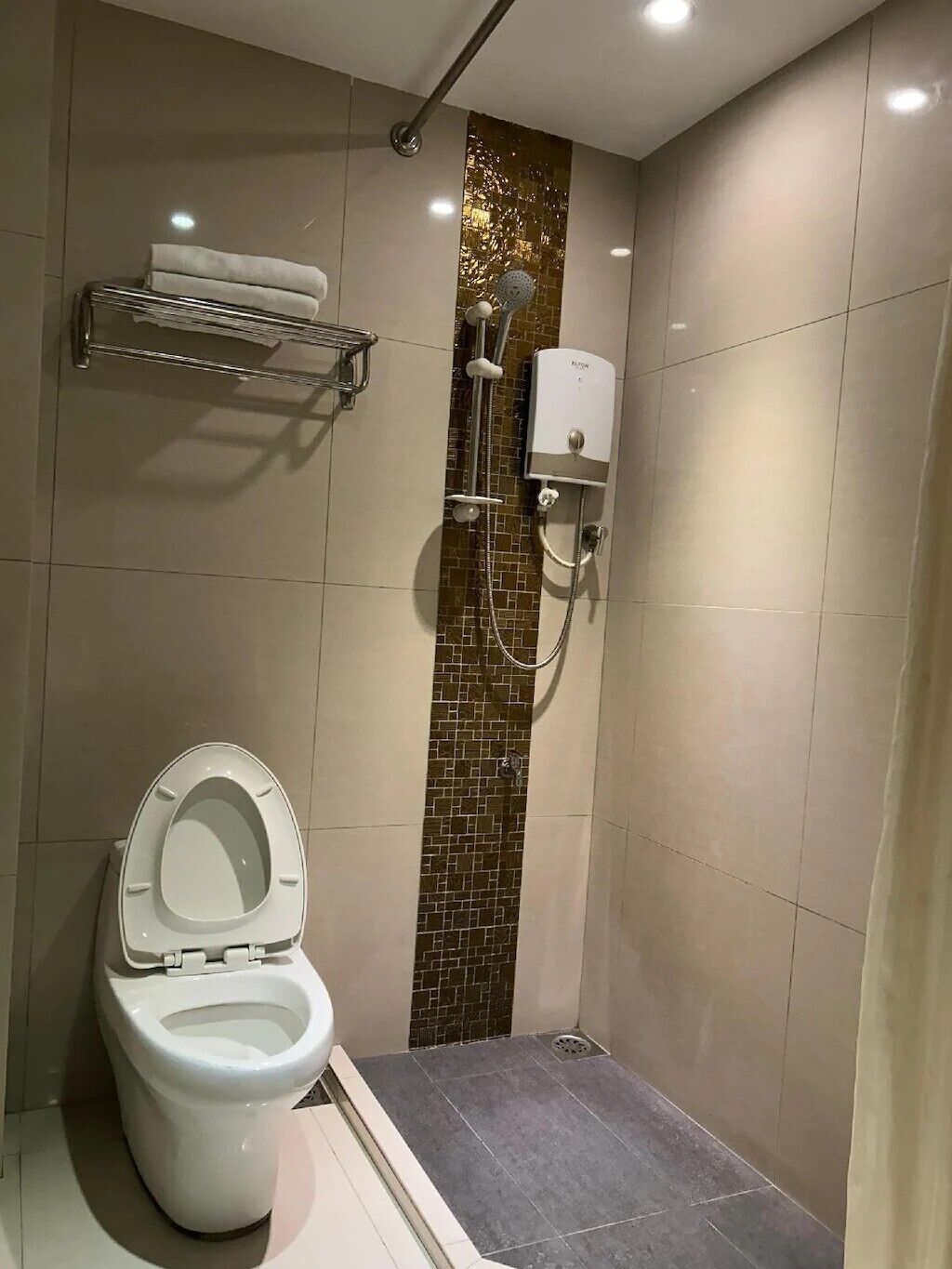 A modern bathroom with a toilet, a shower, and a towel rack.