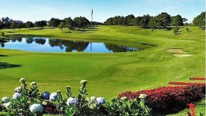 A golf course with a pond, green grass, and red flowers in the foreground.