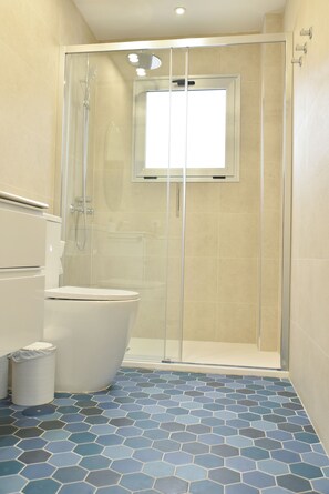 Shower, hair dryer, towels, soap