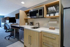 Fridge, microwave, cookware/dishes/utensils