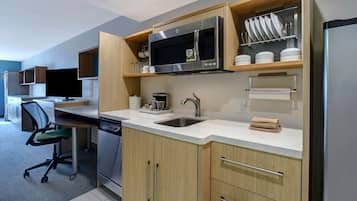 Fridge, microwave, cookware/dishes/utensils