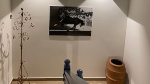 A hallway with a black and white photograph on the wall, a coat rack, and a large terracotta pot.