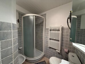 Shower, bidet, towels, toilet paper