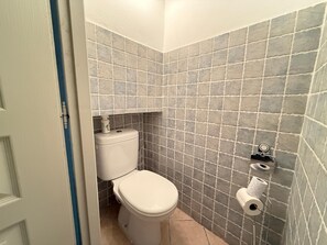 Douche, bidet, serviettes fournies, papier toilette