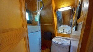 Un bagno compatto con doccia, lavandino e specchio.