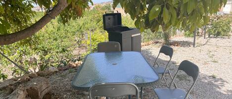 An outdoor dining area with a table and chairs, a grill, and a tree providing shade.