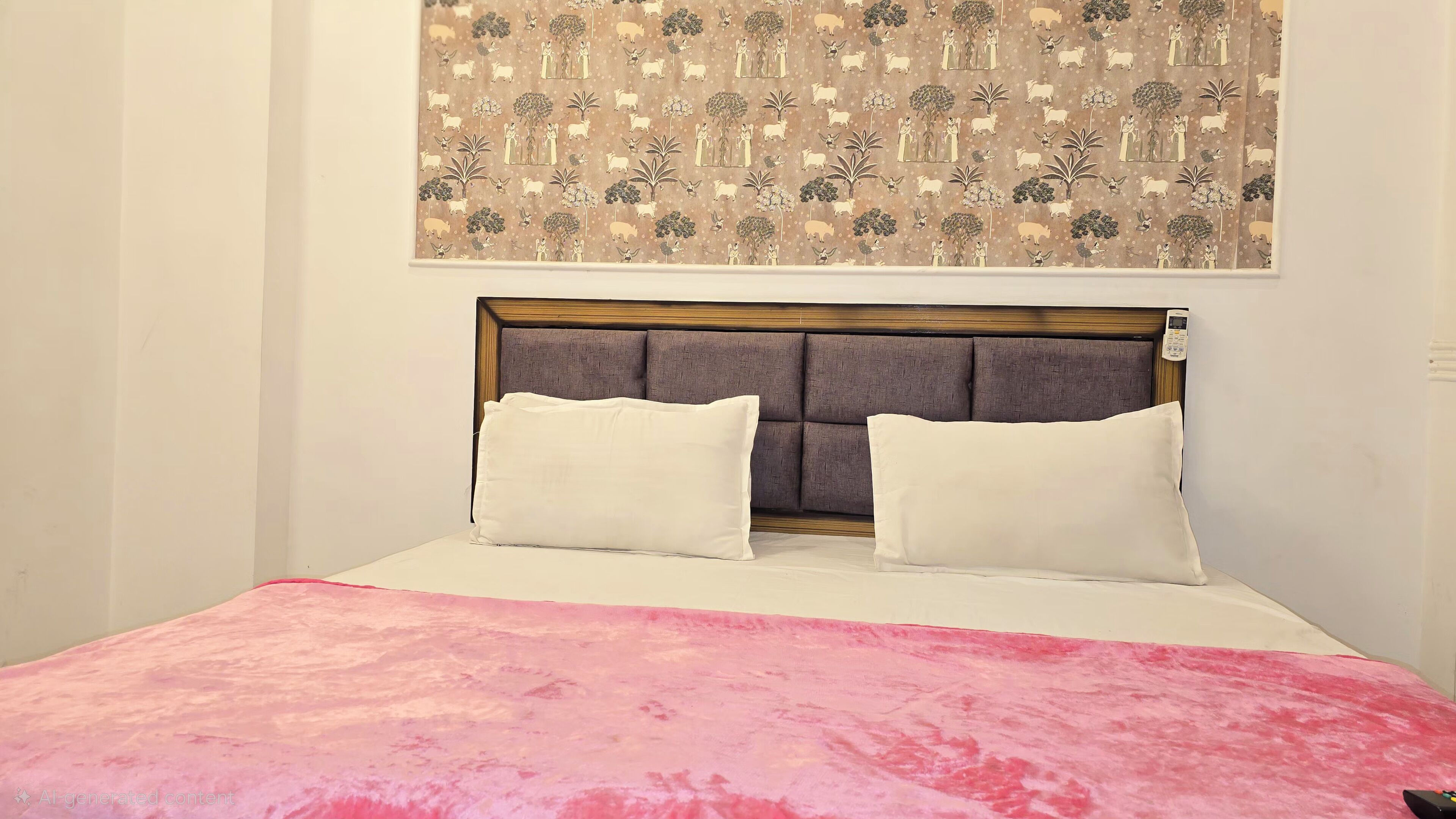 A bed with a pink blanket, a headboard with two white pillows, and a wall with a patterned tapestry.