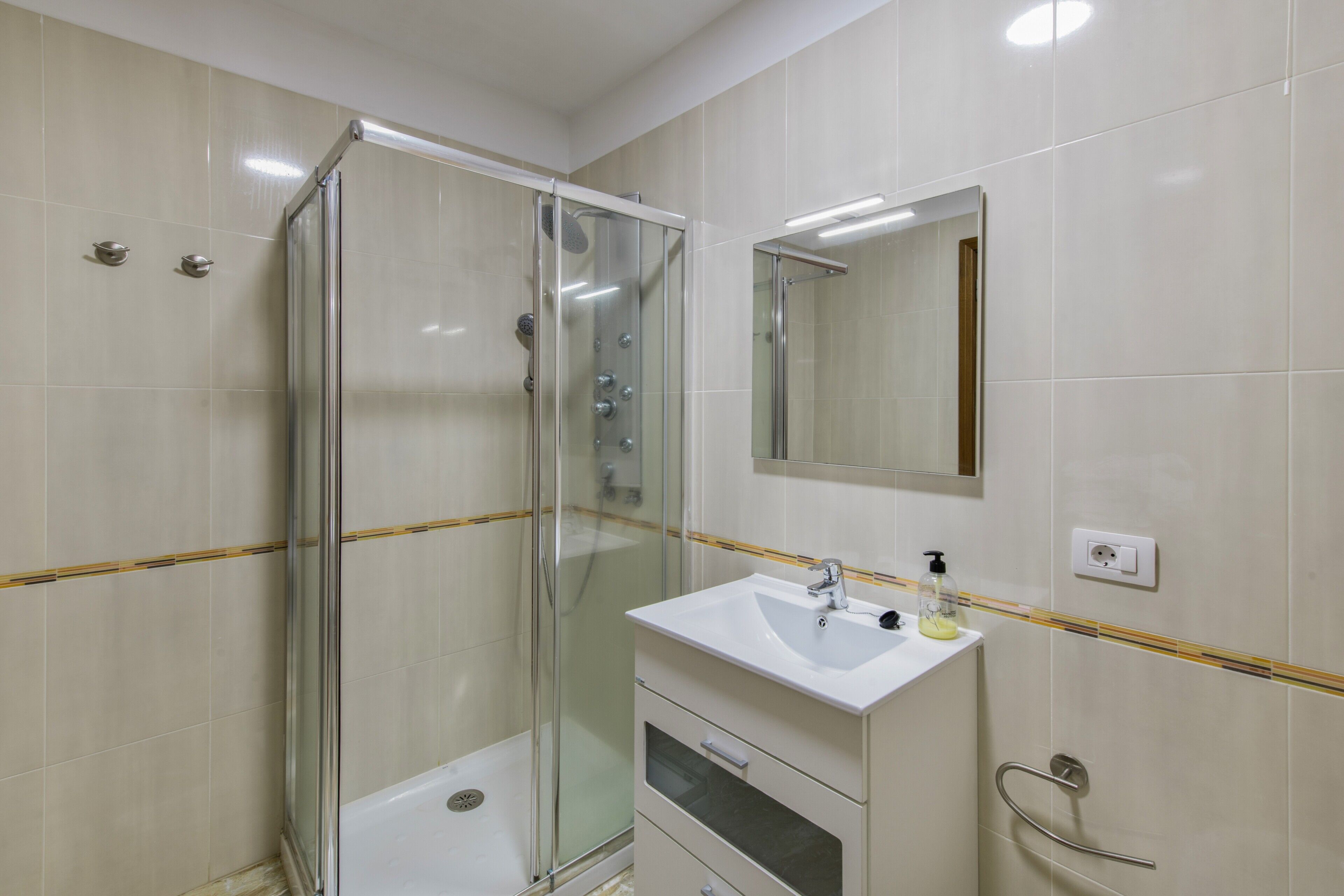 Shower, hair dryer, towels