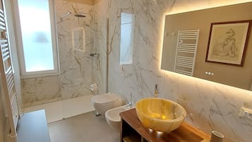 Hair dryer, bidet, towels