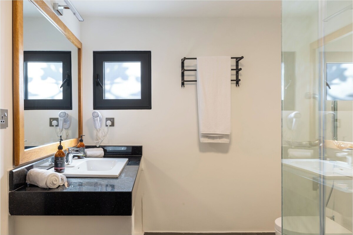 Une salle de bain avec un plan de toilette noir, un lavabo blanc, deux miroirs encadrés, un porte-serviettes et une cabine de douche en verre.