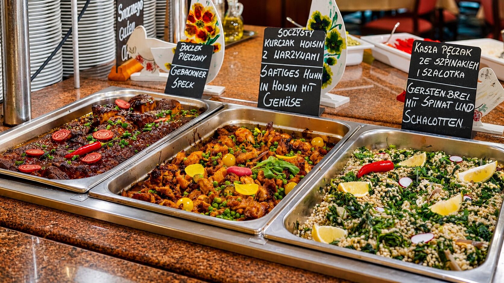 A buffet with various dishes, including meat, vegetables, and salads, with labels in a foreign language.