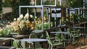 Espace extérieur aménagé avec des chaises et des tables en métal, entouré de verdure et avec un bâtiment en arrière-plan.