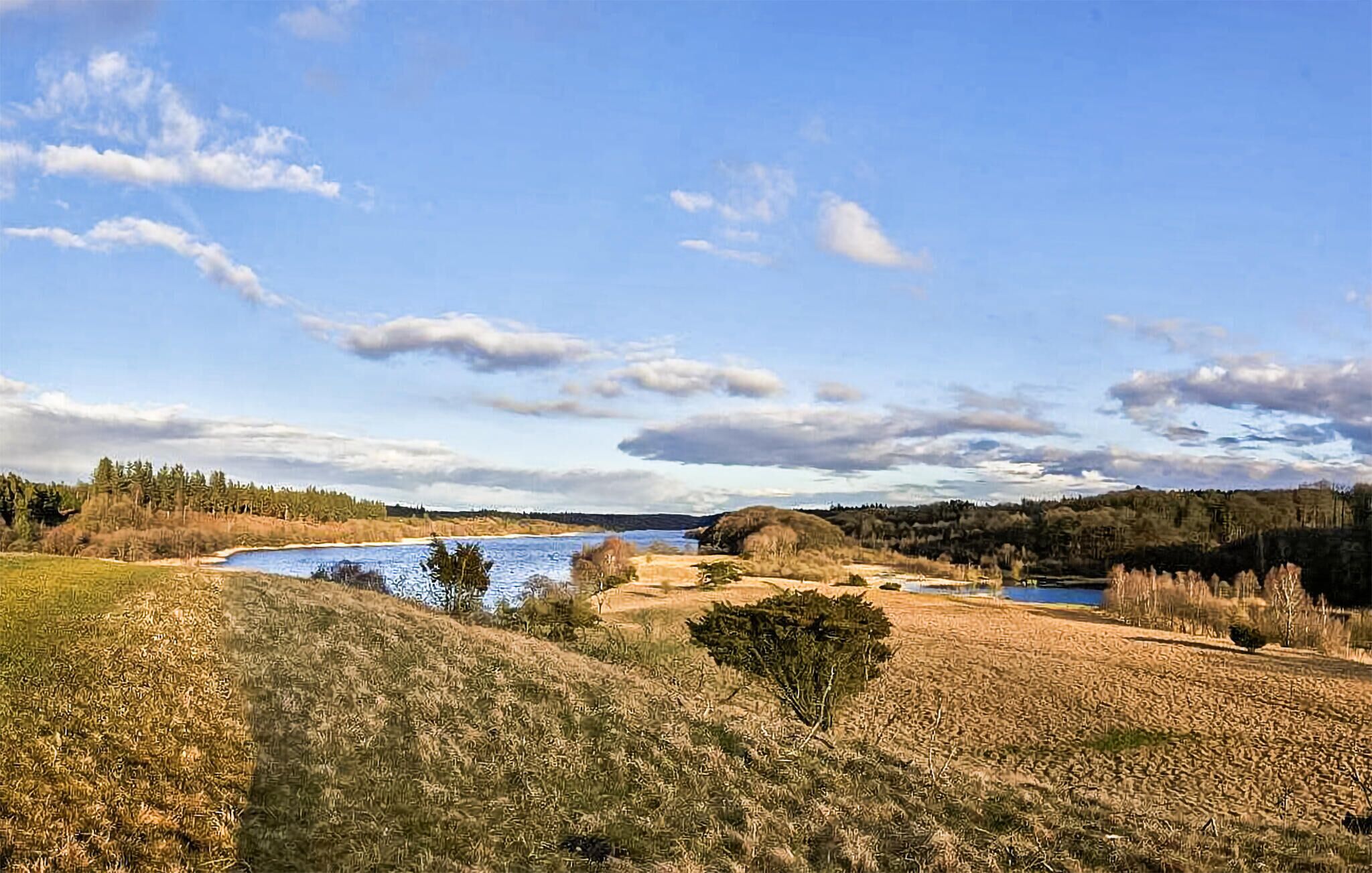 Un paysage comprenant un lac, des champs verdoyants et des arbres sous un ciel dégagé.