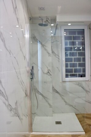 Douche, séchoir à cheveux, bidet, serviettes fournies