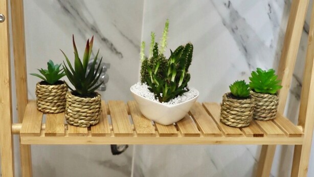 Une étagère en bois avec trois plantes en pot et deux serviettes pliées.