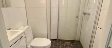 Une petite salle de bain avec des toilettes, une douche et un lavabo.
