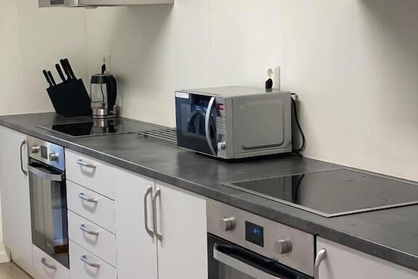 Full-size fridge, microwave, oven, dishwasher