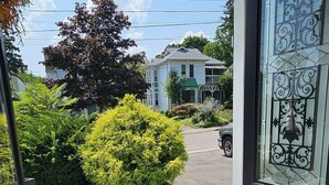 Vista desde una ventana: un suelo de baldosas con diseño, un arbusto verde y una casa con fachada blanca y detalles en verde.