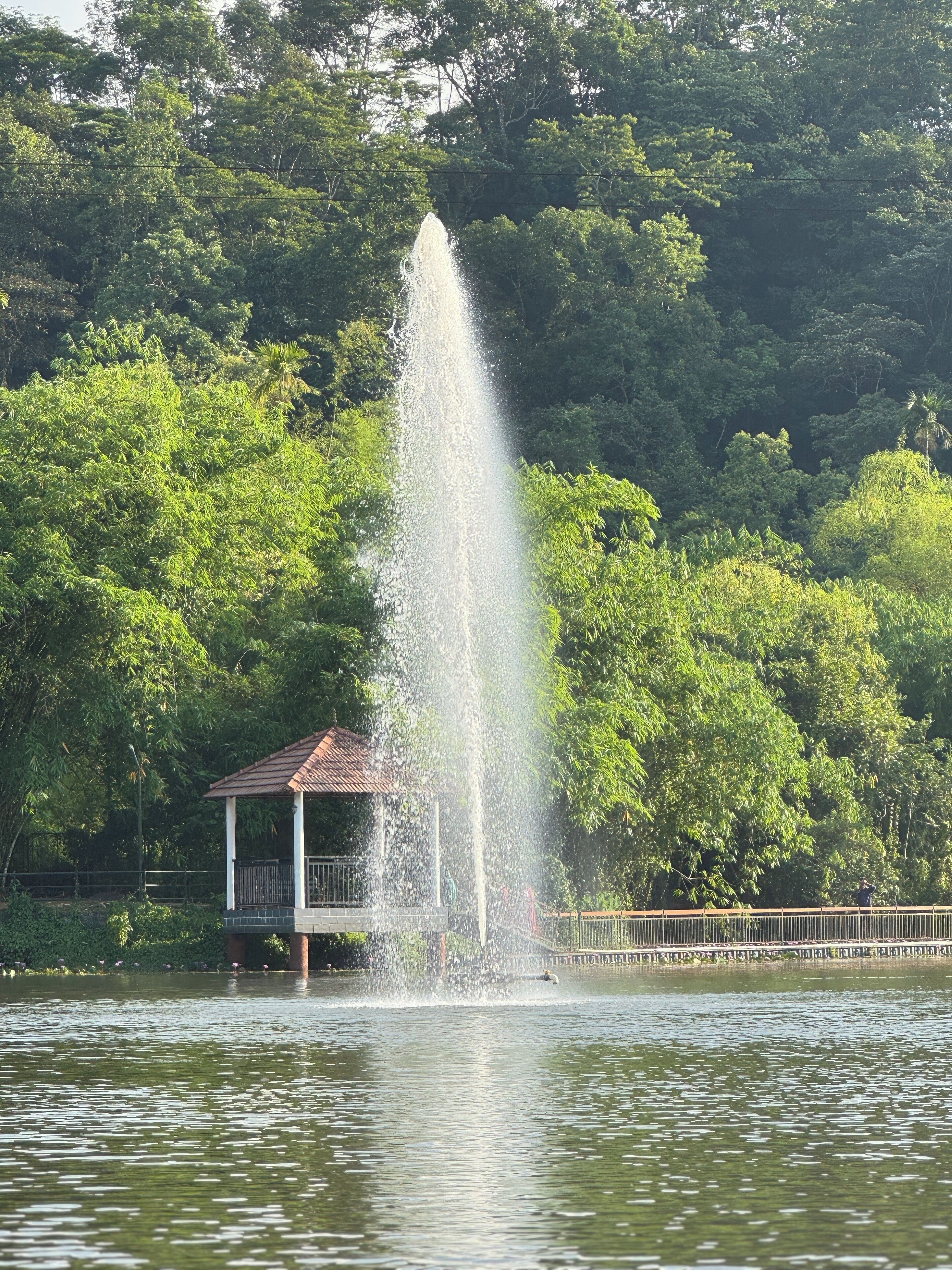 Une fontaine dans un parc, avec un kiosque à proximité.