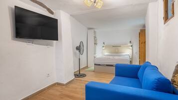 A room with a flat-screen TV mounted on the wall, a blue sofa, a bed with a white headboard, and a ceiling fan.