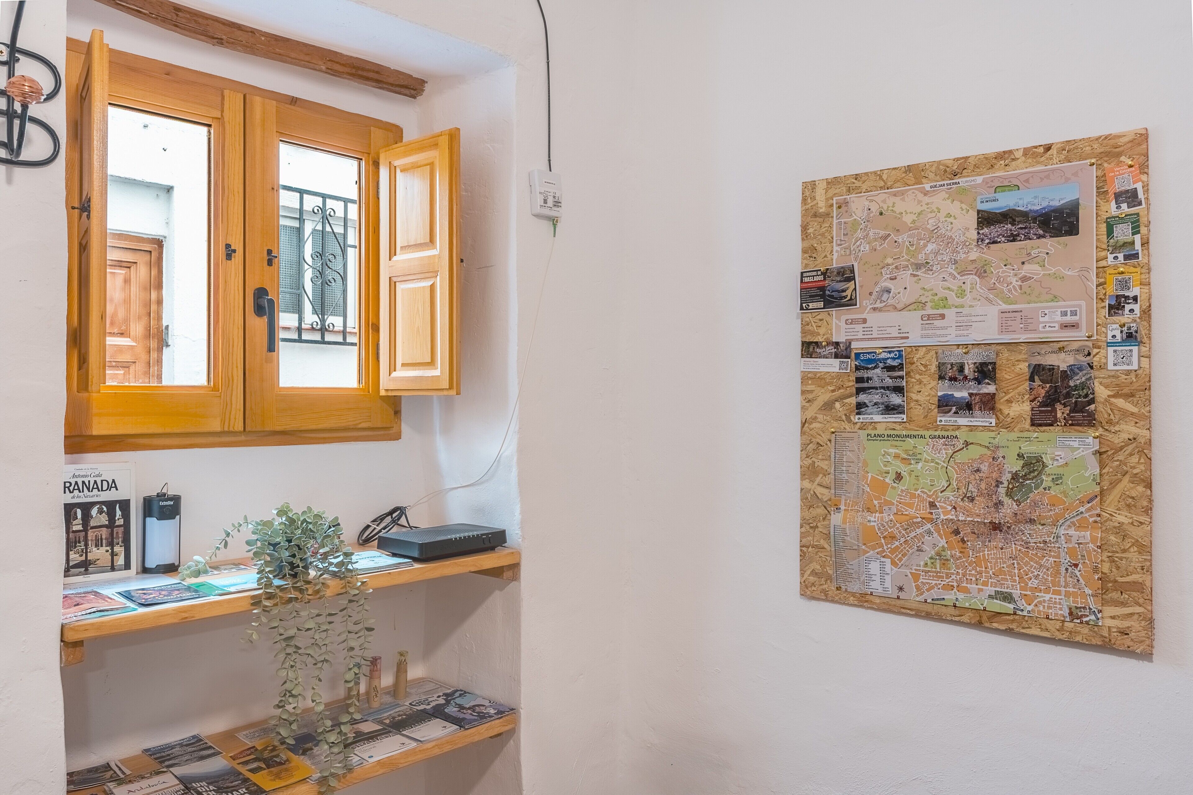 Quarto com um armário de madeira, um mapa na parede, uma planta e uma estante com livros e um telefone.