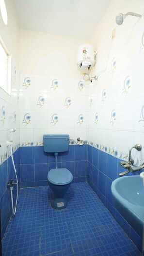 Shower, towels, soap, toilet paper