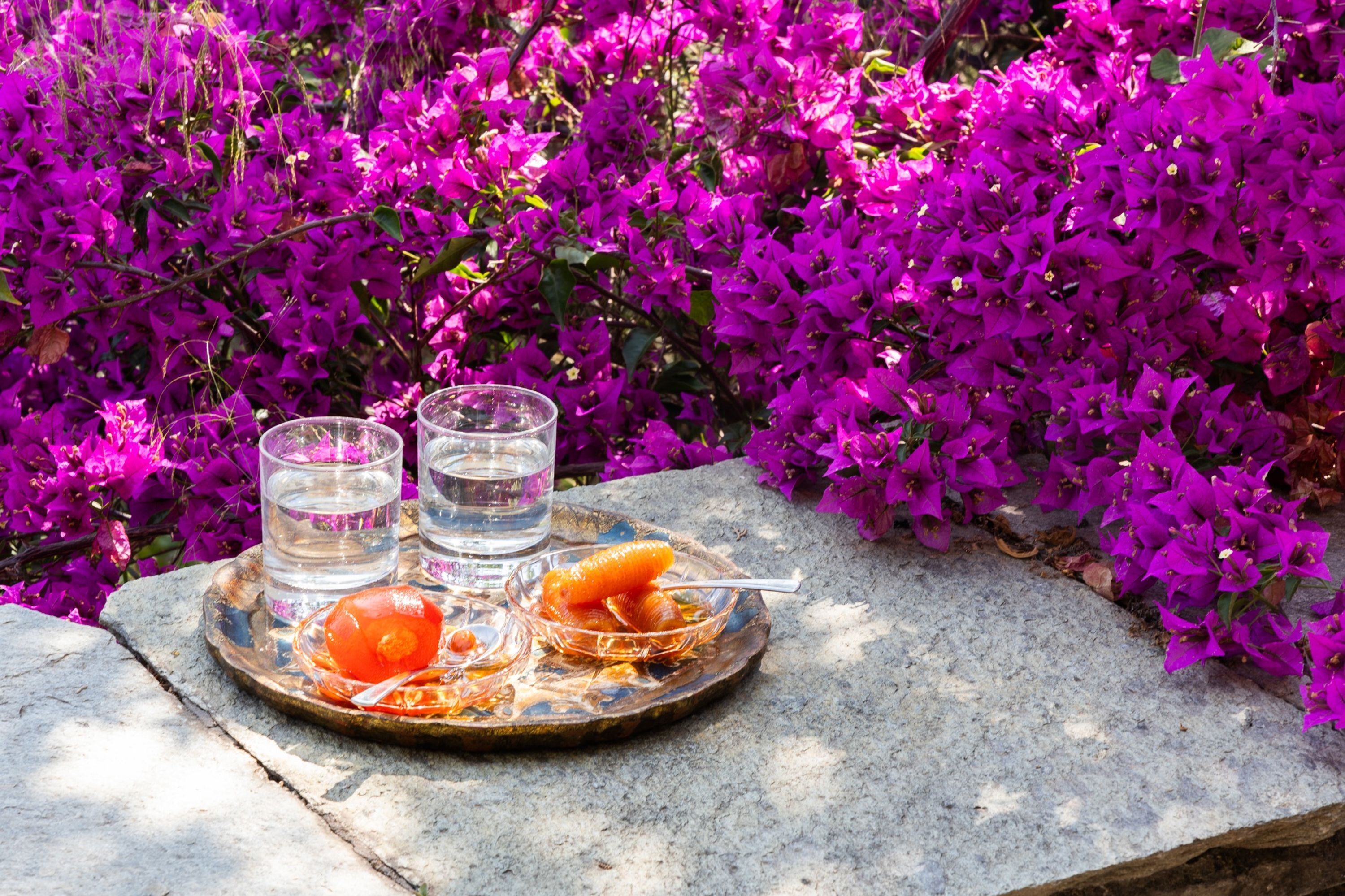 Ein Tablett mit zwei Gläsern Wasser und zwei Orangenscheiben auf einer Steinoberfläche, umgeben von leuchtend violetten Blumen.