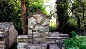A stone structure with a water spout, surrounded by greenery. - Villa Annelies Pelion (Volos)