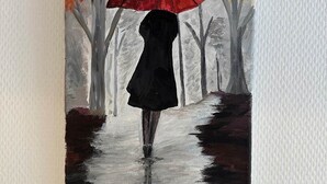 A painting of a person walking with a red umbrella in a rainy setting. - Mimosa room - Domaine de la Provençale (ST DIDIER DE LA TOUR)
