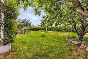 A well-maintained garden with a grassy lawn, a climbing plant, a metal structure, and a large tree.