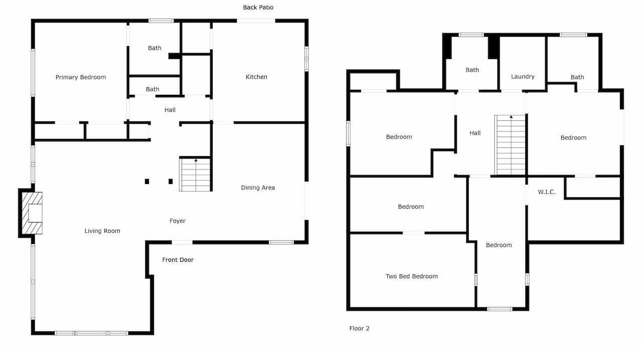 A floor plan of a hotel with a primary bedroom, two bathrooms, a kitchen, a dining area, a living room, and a foyer.