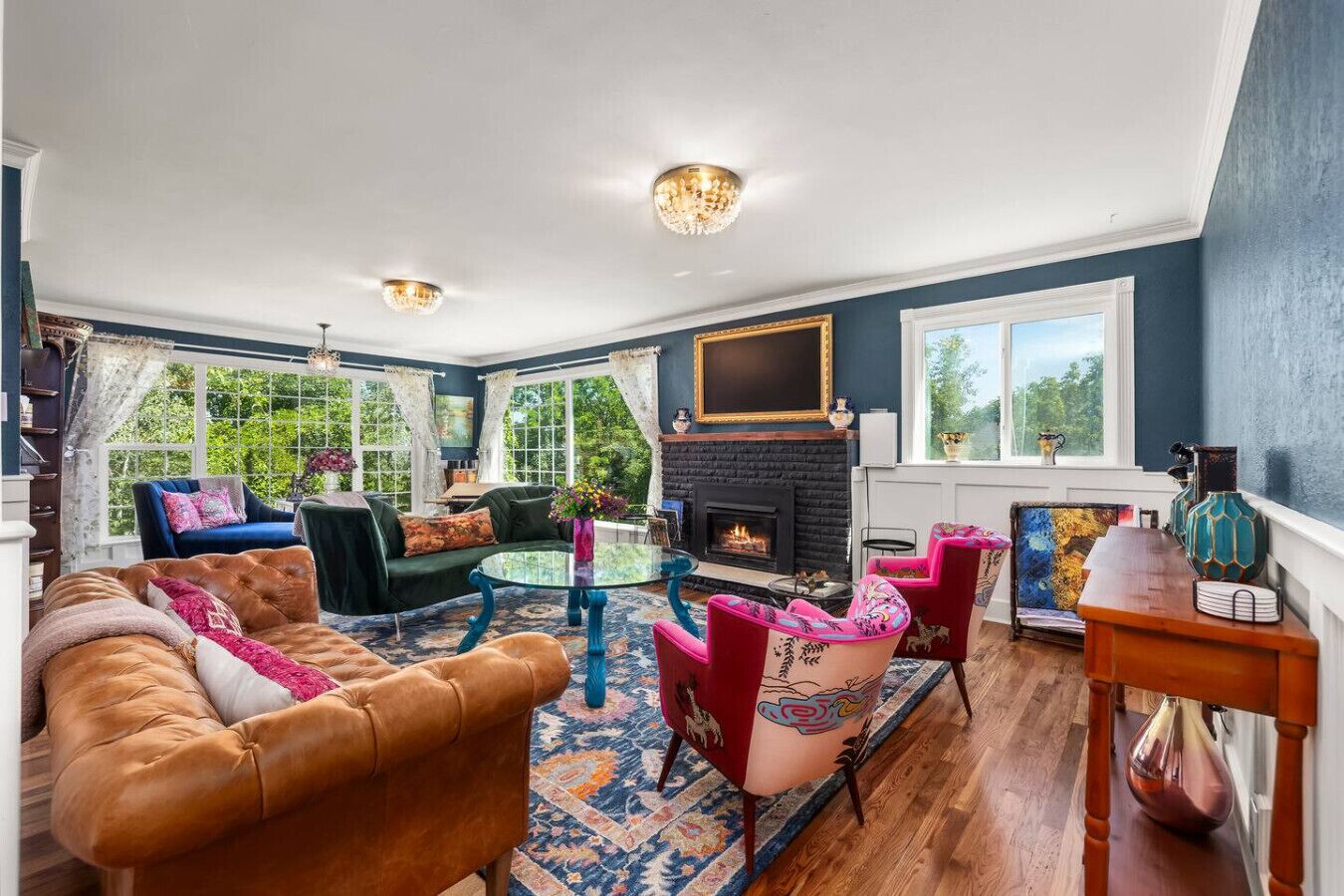 Smart TV, fireplace, books