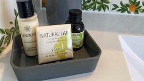 Une salle de bain avec un flacon de gel douche, un savon et un flacon de lotion pour le corps, le tout posé sur un plateau.