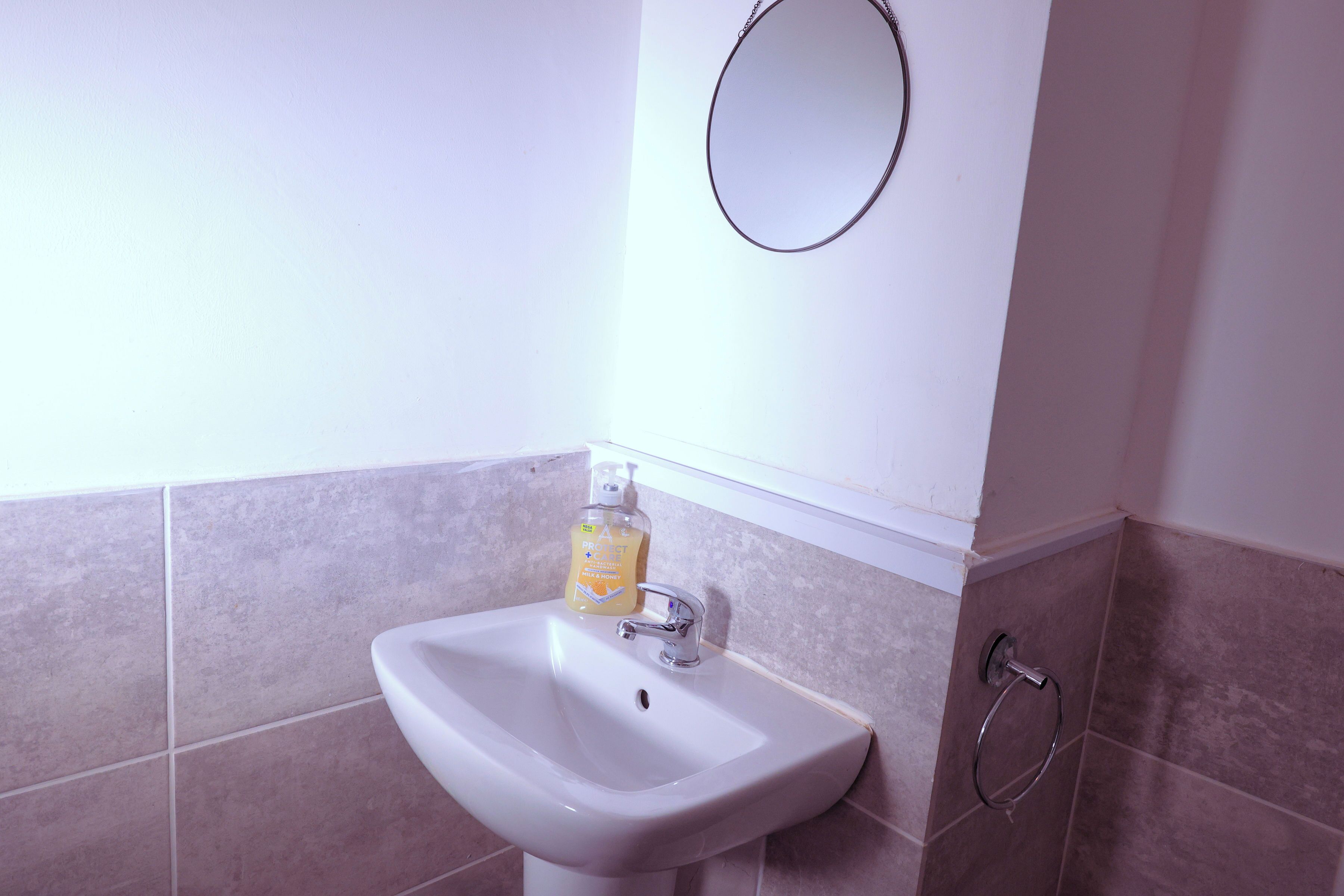 A bathroom with a white sink, a mirror, and a bottle of soap.