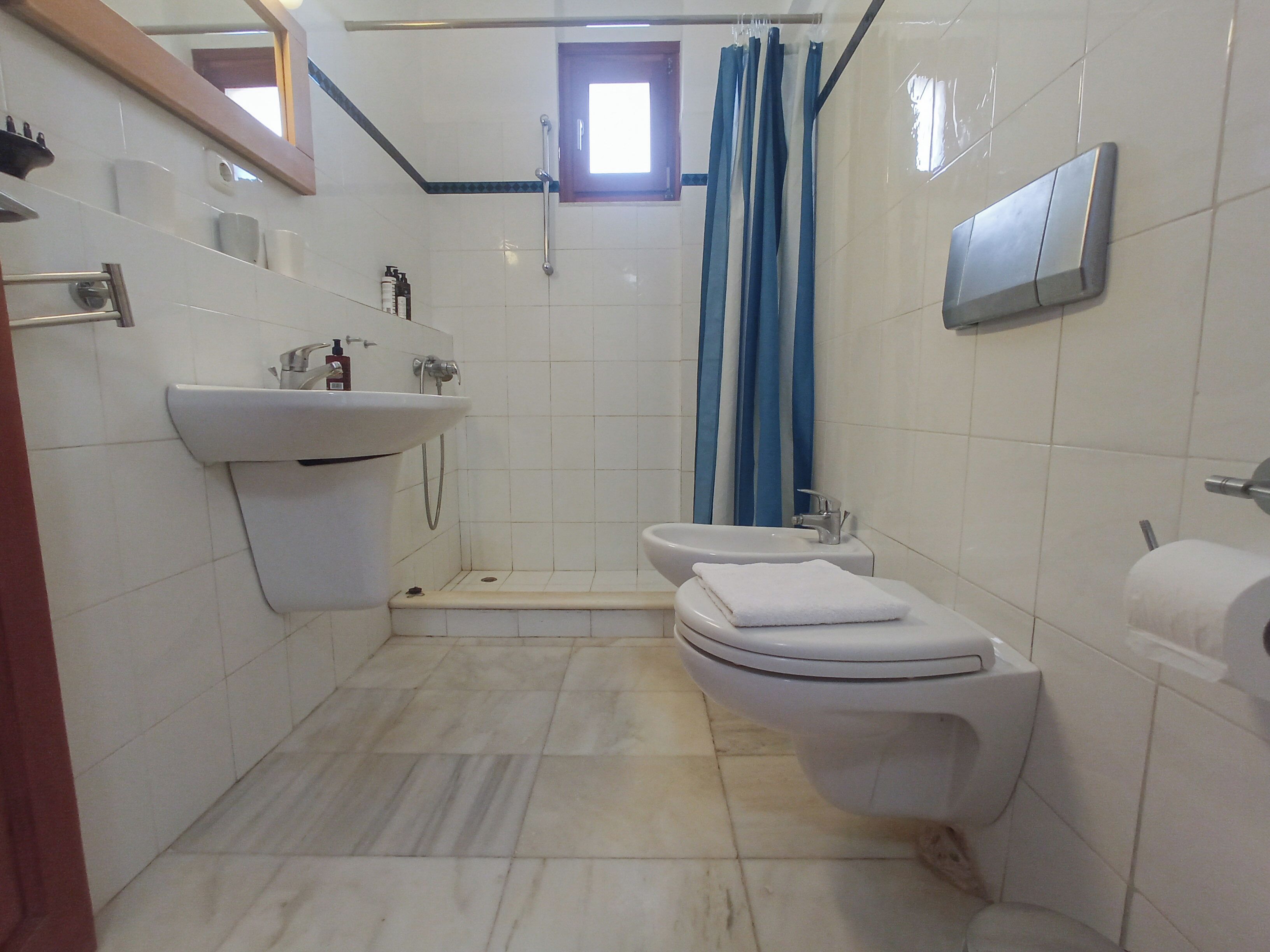 Une petite salle de bain avec un lavabo, des toilettes et une douche.