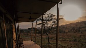Une terrasse en bois avec des chaises, offrant une vue sur un paysage de savane parsemé d’arbres et illuminé par le coucher de soleil.